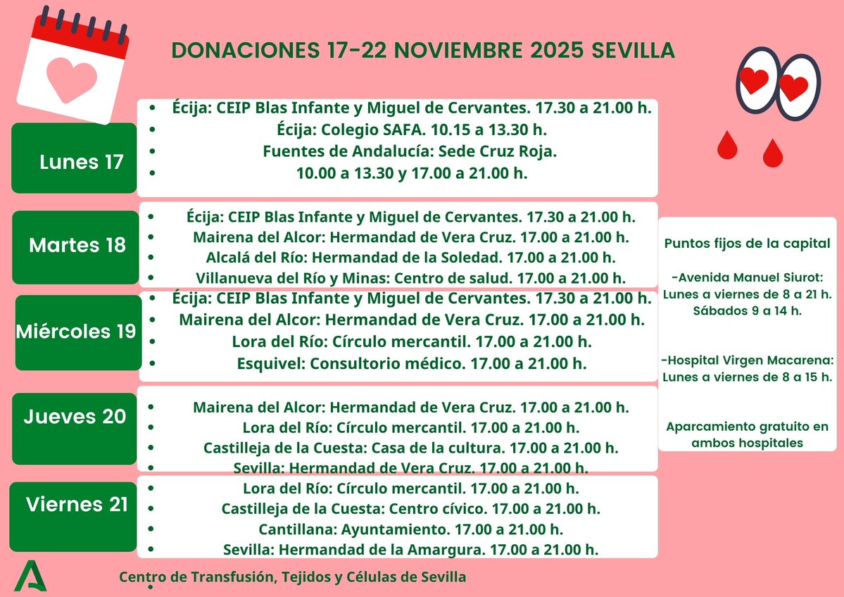 La lluvia ha perjudicado la #donacióndesangre en los últimos días pero cientos de enfermos necesitan transfusiones diariamente en nuestros hospitales. Aquí os dejamos el calendario semana en la provincia de #Sevilla. ¡Te esperamos!