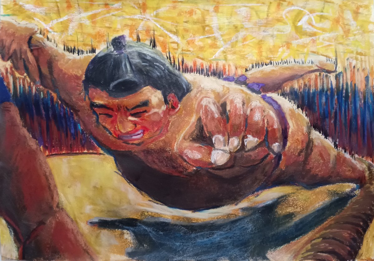 Doronkoパラリンアートカップ2025受賞作紹介①最優秀賞（グランプリ）は千葉県在住mytoshiさんの「まずいっ！！」。大相撲の力士を迫力十分に描きました。＃障がい者アート