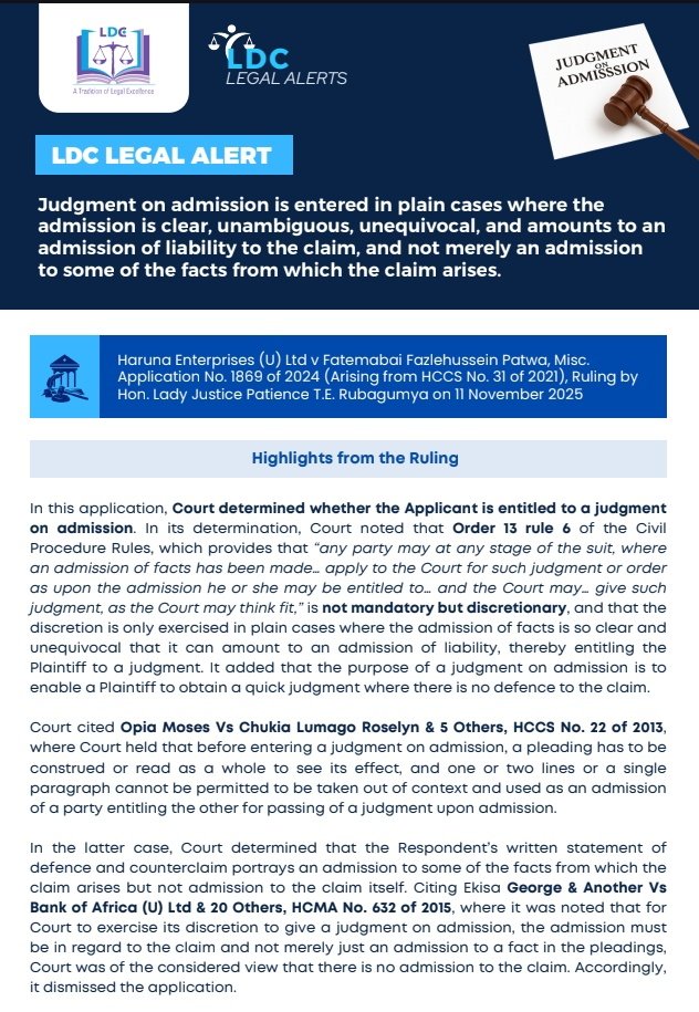 LDC_Uganda's tweet image. Judgment on admission is entered in plain cases where the admission is clear, unambiguous, unequivocal, and amounts to an admission of liability to the claim, and not merely an admission to some of the facts from which the claim arises.
Get full details👇
drive.google.com/file/d/1K0_lLd…