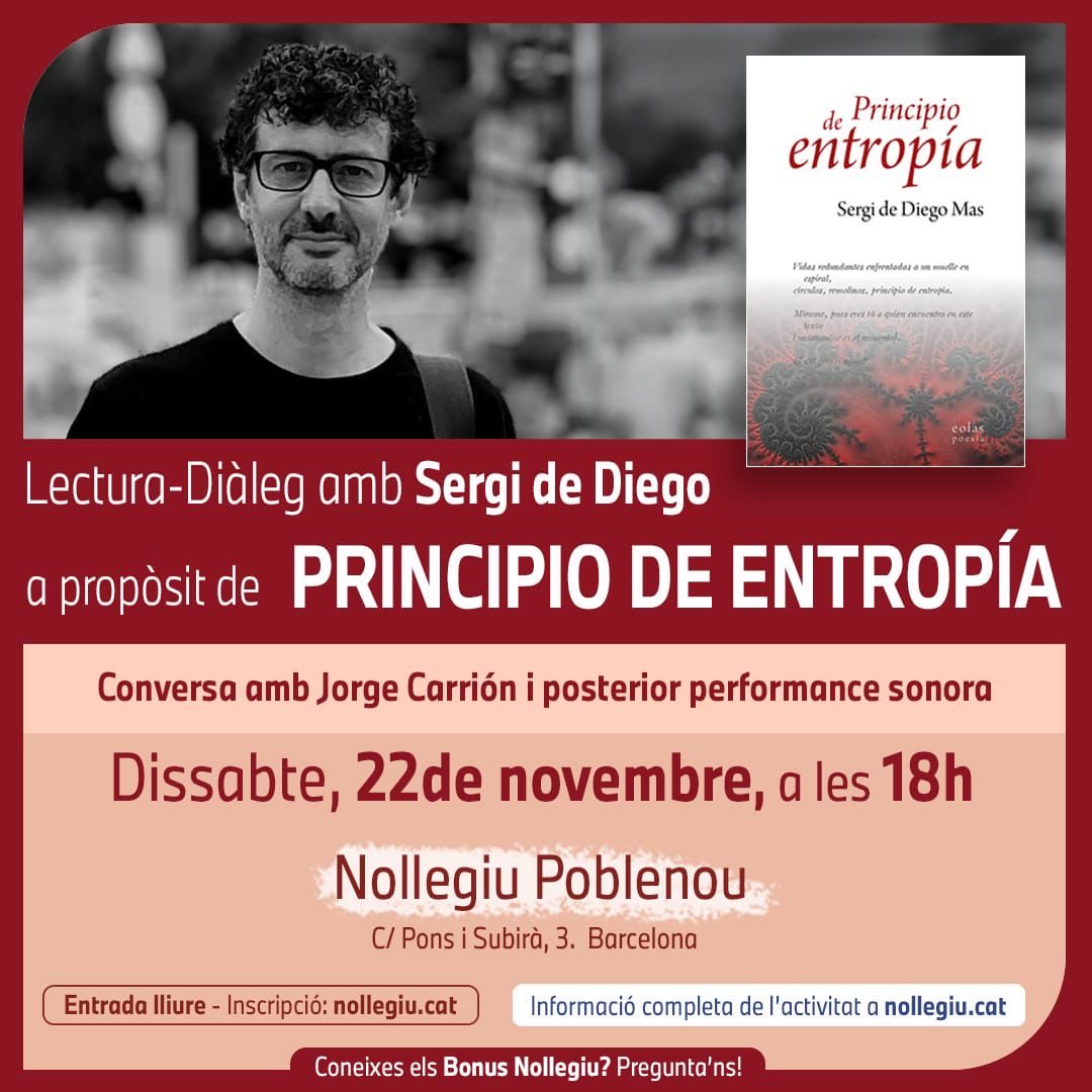 #Barcelona 
Sábado 22/11, tardeo sónico, charla poética y performance con <a href="/sergisonic/">Sergi de Diego Mas</a> <a href="/jorgecarrion21/">Jorge Carrión</a> en La Juanita de <a href="/Nollegiu/">Nollegiu</a>