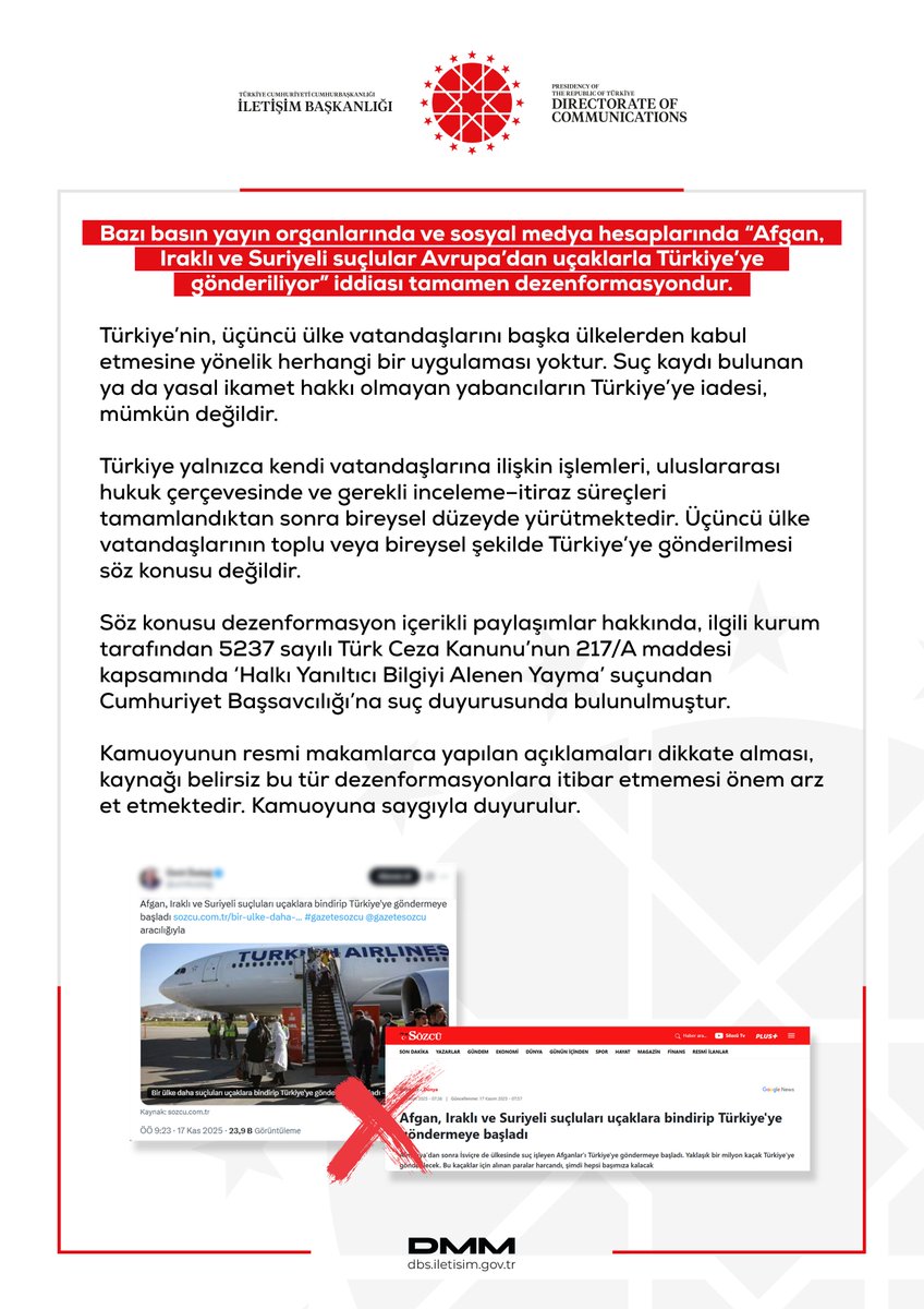 Infographic with red X mark over false claim text Afrikan Iraklı ve Suriyeli suçlular Avrupadan uçaklarla Turkiyeye gonderiliyor Turkish flag and airplane graphic in background Official logos including Directorate of Communications and DMMM watermark at bottom Text explains debunking of deportation claims and legal actions in Turkish