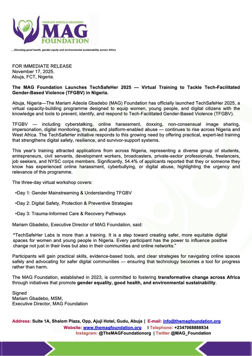 The Mariam Adeola Gbadebo (MAG) Foundation tweet media