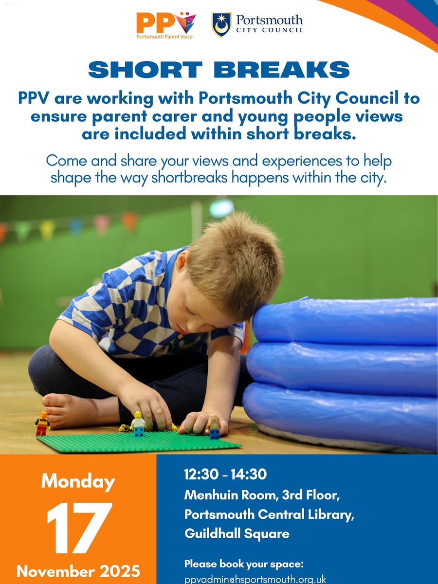 Why not pop along to PPV‘s event today?
PPV is working with Portsmouth City Council and they want to hear your voice!
Let’s talk about short breaks, share your experiences and share your ideas,  let’s make a change together.

portsmouthparentvoice.org/register