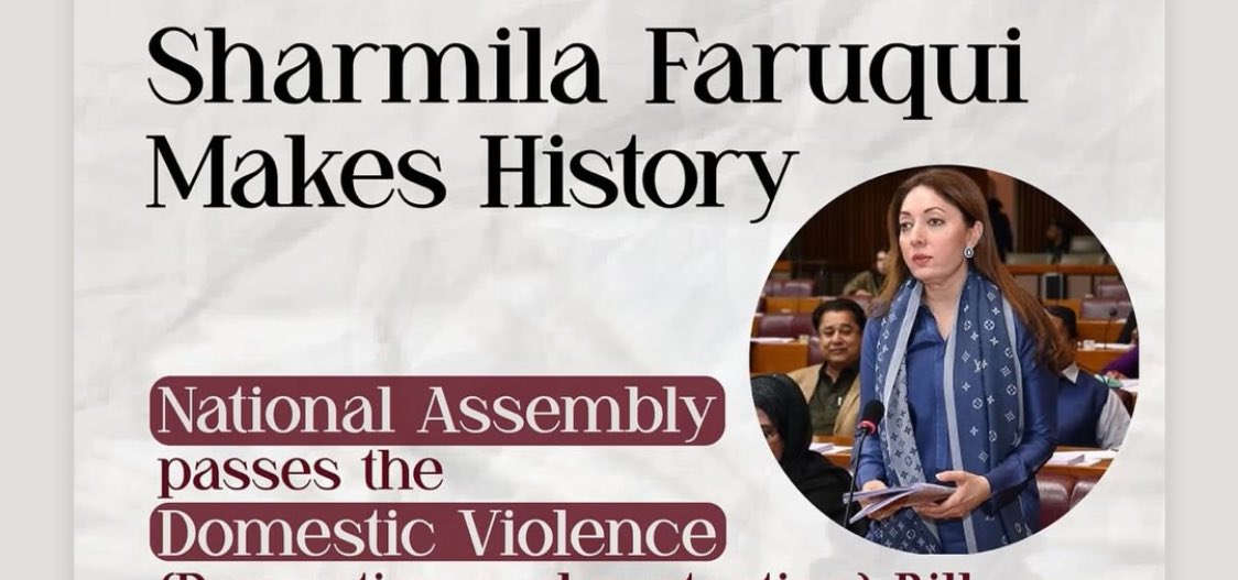 Congratulations to <a href="/sharmilafaruqi/">Dr. Sharmila Sahibah Faruqui (Phd) s.i</a> for making history!🎉
NA has passed the Domestic Violence (Prevention&amp; Protection)Bill a landmark for survivors’ rights.Unlawfully evicting a wife will now lead to 3-6 months jail+Rs200,000 fine.A proud moment for women!Chairperson Kiran Baloch