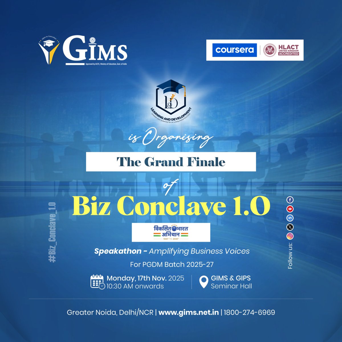 gims_net_in's tweet photo. GIMS presents Biz Conclave 1.0 Speakathon for PGDM 2025 27 on 17 November 2025 where students act as CEOs and take part in strategic discussions leadership communication and decision making with corporate guests as jury
 #GIMS #BizConclave10 #TomorrowsLeaders #FutureReady https://t.co/dt6WQbm6q9