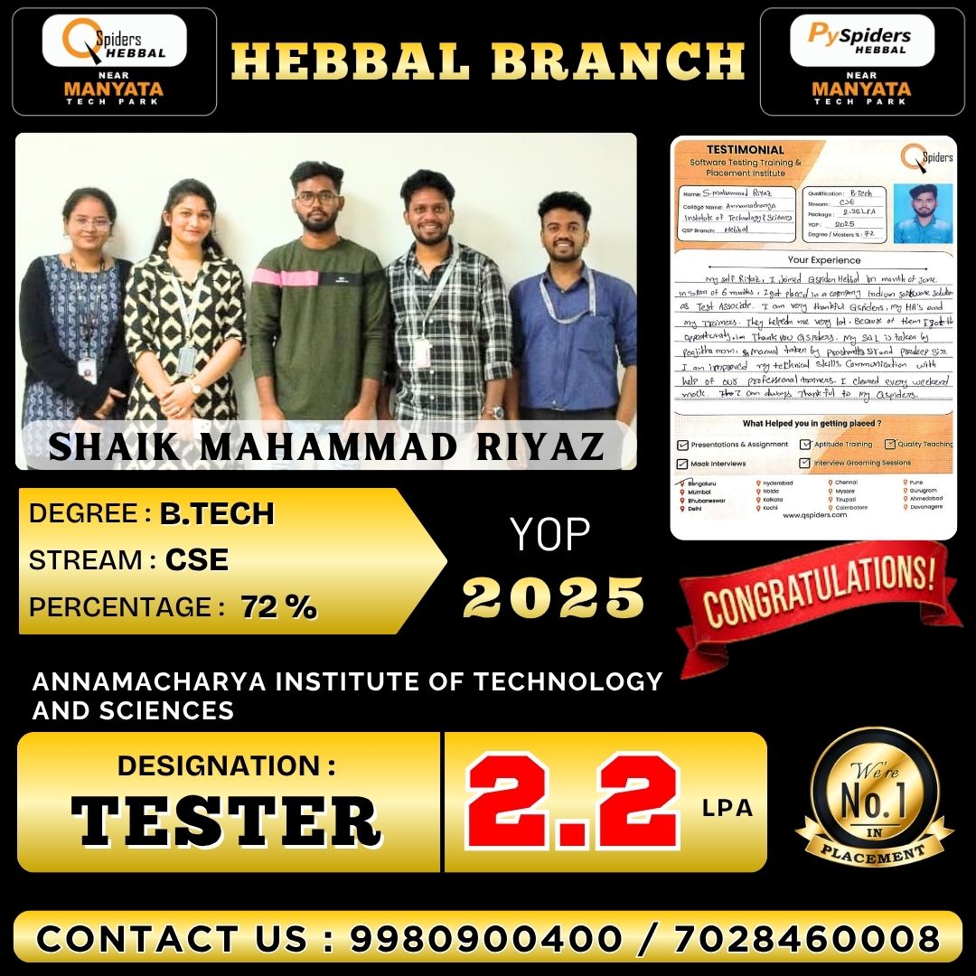QspidersHebbal's tweet image. We are thrilled to announce that S Mahammad Riyaz has successfully landed a role as a tester! A huge shoutout to QSpiders Hebbal for their unwavering support in this journey. Here’s to new beginnings and endless possibilities! 🚀✨ #JobPlacement #QSpidersHebbal #FutureReady