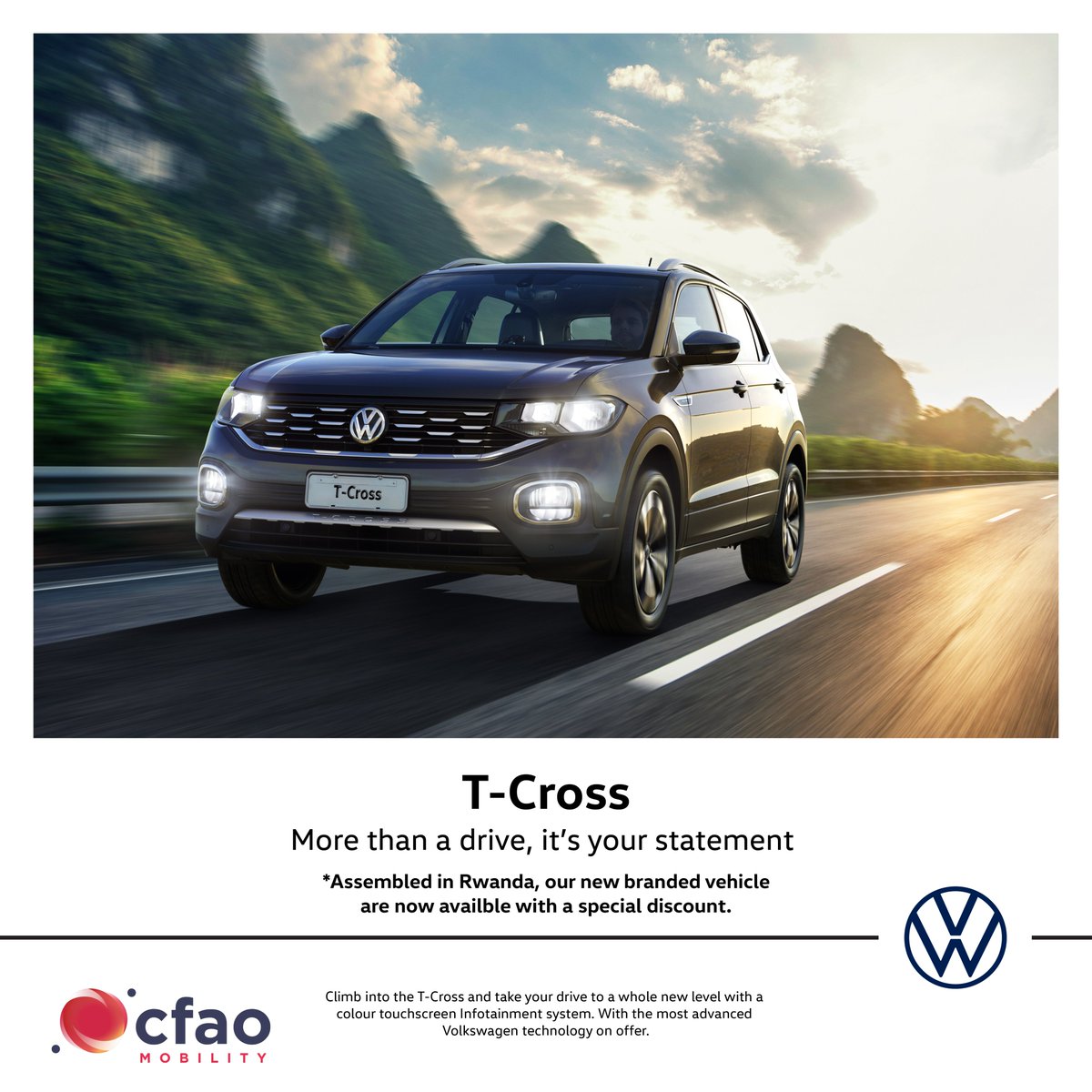 The VW T-Cross moves with your lifestyle.

Which feature matters most in a SUV: design or comfort?
Explore more: volkswagen.rw

#VolkswagenRwanda #TCrossStyle #CFAOMobility #VWLifestyle

*Assembled in Rwanda, our new vehicles are now available with a special discount.