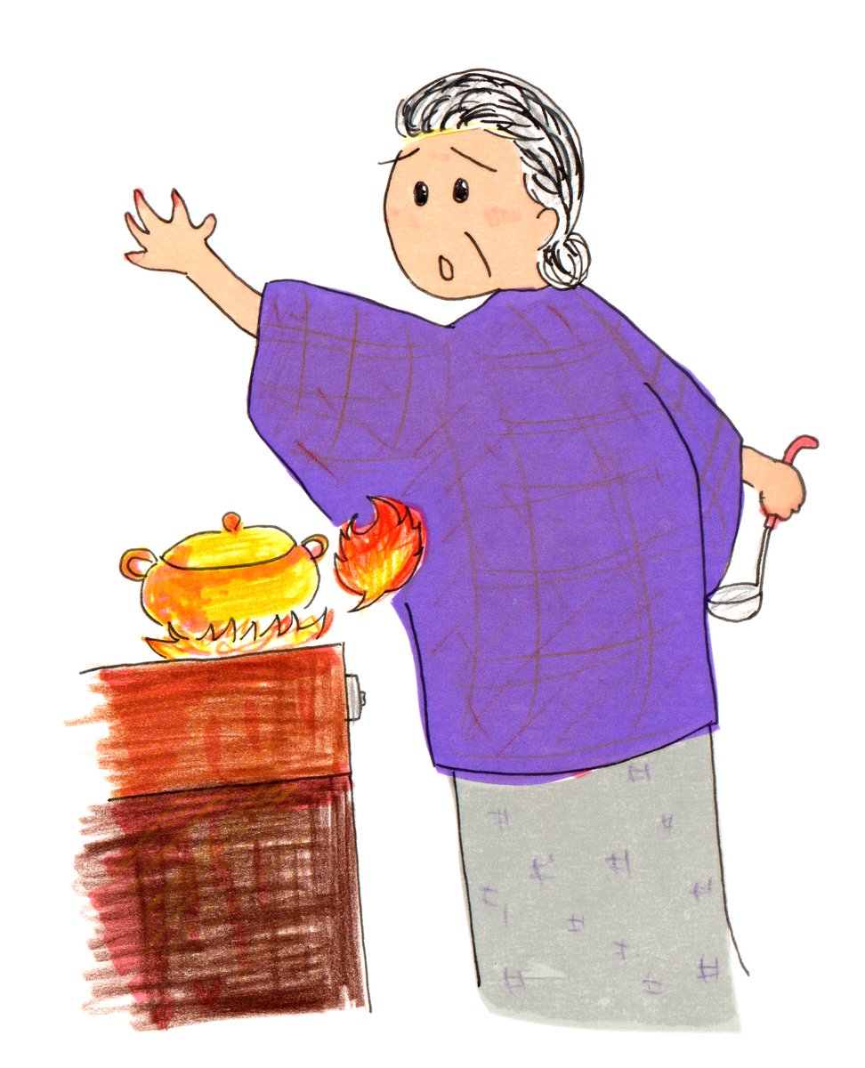 【着衣着火に注意！！】
　料理中のコンロや、仏壇にお線香やローソクを灯す際に、着ている服に着火してしまうことがあります。
　「着衣着火」は火が衣服の袖や裾に着火する事故で、火傷や、最悪の場合は、亡くなってしまうこともありますので、火を取り扱う際は、十分に注意しましょう。