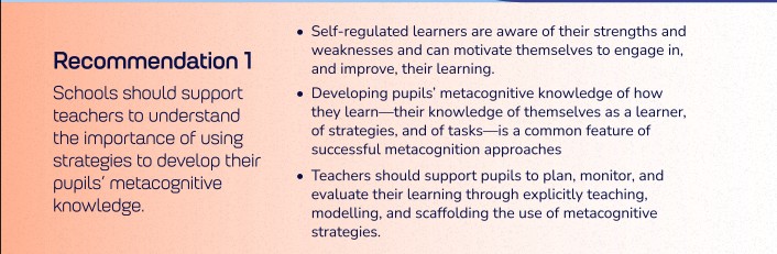 NcleRSN's tweet image. 💡 It all starts here: The Metacognitive Cycle. Plan your approach, Monitor your progress, Evaluate your outcome. Teaching this process is Rec 1 of the EEF report. Simple, high-impact. 
#EdChat #EEF