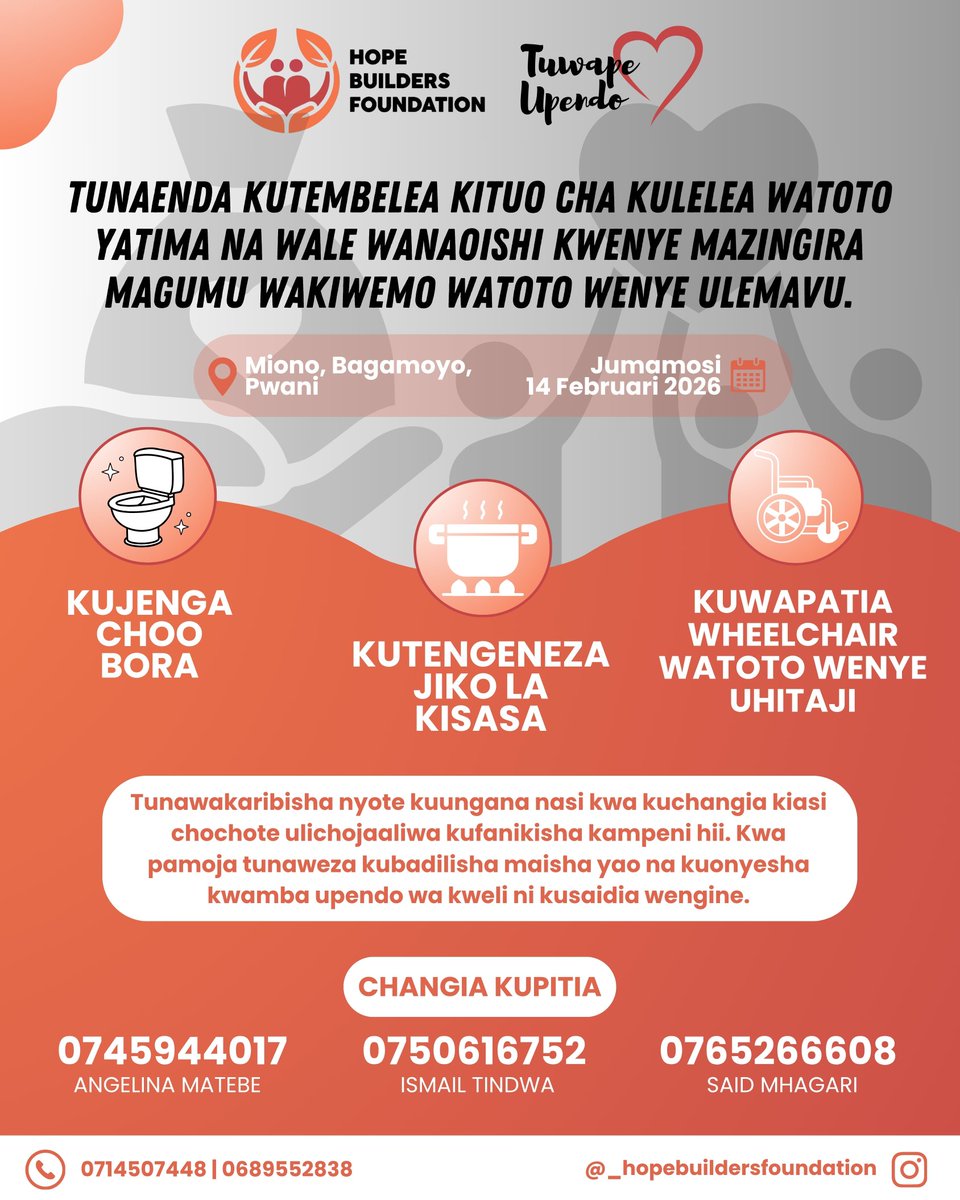 Mwezi wa pili tutaenda kutembelea kituo cha watoto yatima kilichopo Miono wilaya ya Bagamoyo mkoa wa Pwani na tumelenga kuwajengea choo bora, jiko pamoja na kuwapeleka wheelchair ndugu zetu wenye ulemavu.

Unakaribishwa kushiriki kwa kuchangia chochote ulichobarikiwa.

#charity