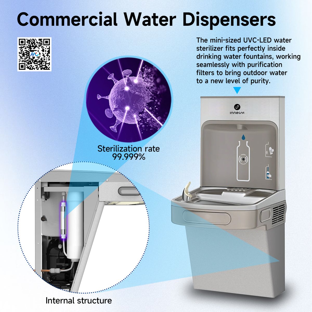 HC_HITECH's tweet image. Innest UVC-LED Water Sterilizer features an ultra-mini design that fits perfectly inside commercial drinking fountains. Paired with high-performance purification filters, it elevates outdoor water safety to a new level of purity. 
#Innest #UVCLED #WaterSterilizer #commercial