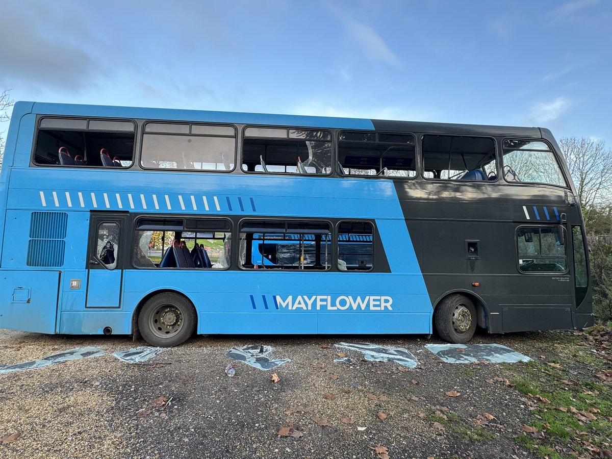 travelmayflower's tweet photo. Friday night we had 5 youths visit us, they smashed 145 panes of glass and took 13 buses, 2 traffic management vans, and a minibus off the road for the foreseeable future. Thanks to local operators who have helped us. @NationRadioSou1 @dailyecho https://t.co/BZcboyw7jS
