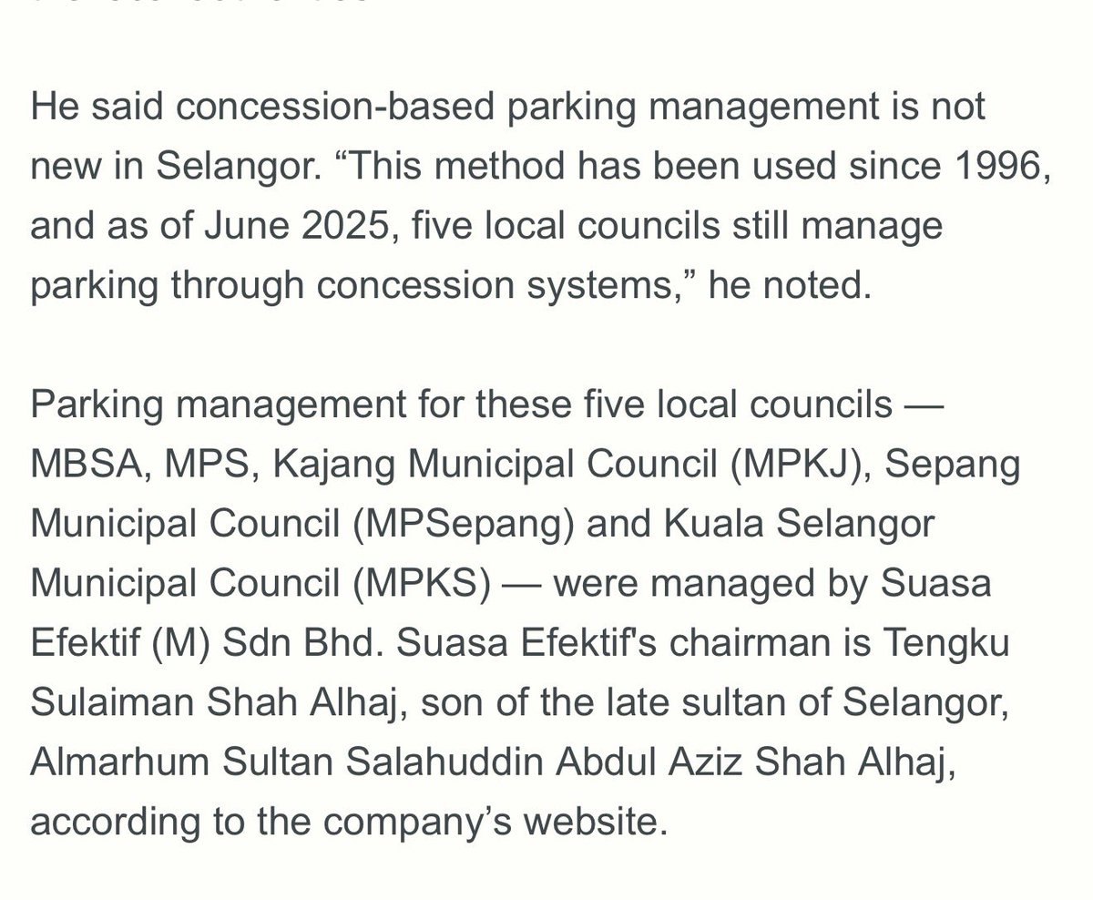 syahir's tweet photo. Bukan perkara baru. 

Konsesi pengurusan parking PBT Selangor sebelum ini juga dimiliki kerabat diraja Selangor. 

Konsesi sebelum ni selama 25 tahun sejak 1996. 

Konsesi terbaru 10 tahun + 5 tahun sambungan.

Itmax System Sdn Bhd public listed company yang memang banyak dapat tender pengurusan parking dan CCTV di seluruh negara termasuk Selangor pemegang saham utama dan terbesar konsesi yang juga operator.

Persoalannya. 

Macam mana kita nak selesaikan "hal" ini?

Adakah halangan untuk kerabat-kerabat diraja negeri daripada terlibat dengan perniagaan selain daripada YDP Agong seperti dalam perlembagaan persekutuan? 

Pening kan?