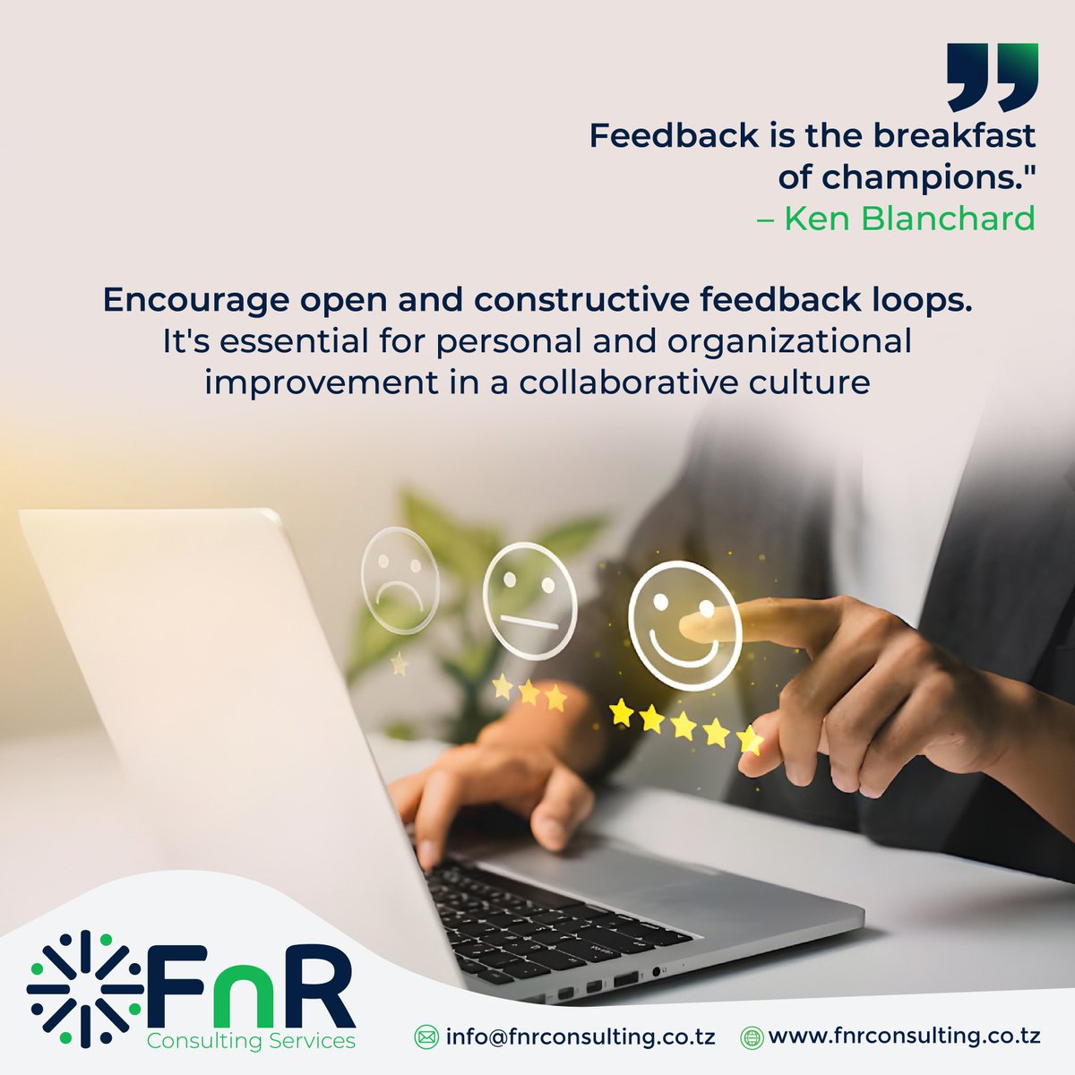 FnRConsulting's tweet photo. "𝑭𝒆𝒆𝒅𝒃𝒂𝒄𝒌 𝒊𝒔 𝒕𝒉𝒆 𝒃𝒓𝒆𝒂𝒌𝒇𝒂𝒔𝒕 𝒐𝒇 𝒄𝒉𝒂𝒎𝒑𝒊𝒐𝒏𝒔." – Ken Blanchard

Encourage open and constructive feedback loops. It's essential for personal and organizational improvement in a collaborative culture.

#FeedbackCulture #HRLeaders #GrowthMindset https://t.co/Ek13LpzmQZ