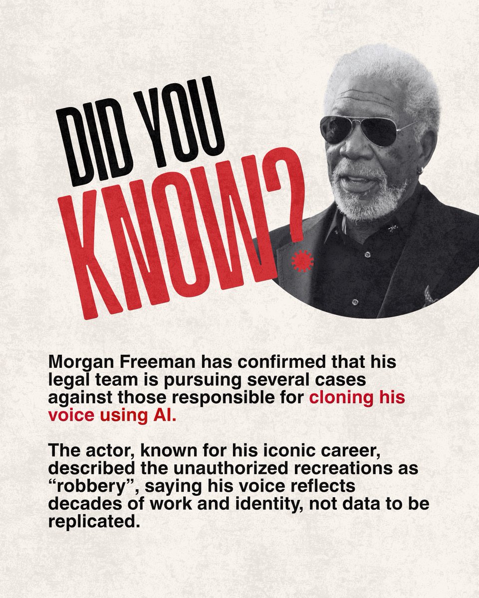 LaineNeural's tweet photo. Morgan Freeman has launched legal action against those using AI to clone his iconic voice.

His stand adds weight to a growing wave of legal questions around rights, consent, and ownership in the age of AI. Issues that extend far beyond Hollywood.

#AI #Legal #LegalTech https://t.co/gb3UlpHKqv