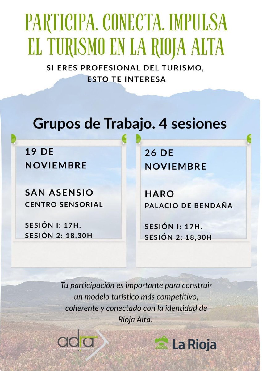 Seguimos con el proyecto de dinamización territorial de ADRA y la Dirección General de Turismo del Gobierno de La Rioja en Rioja Alta. Puedes apuntarte a las siguientes sesiones en este enlace:

docs.google.com/forms/d/e/1FAI…