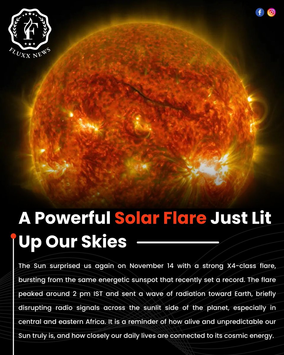 NewsFluxx74693's tweet image. A major solar flare just made its mark, briefly shaking radio signals on Earth. Here’s a quick look at what happened and why it matters.

#solarflare #spaceupdate #spaceweather #sunactivity #fluxxnews