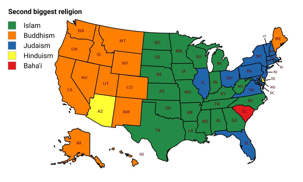 Civixplorer's tweet image. 🙏 The second biggest religion in every U.S. state.