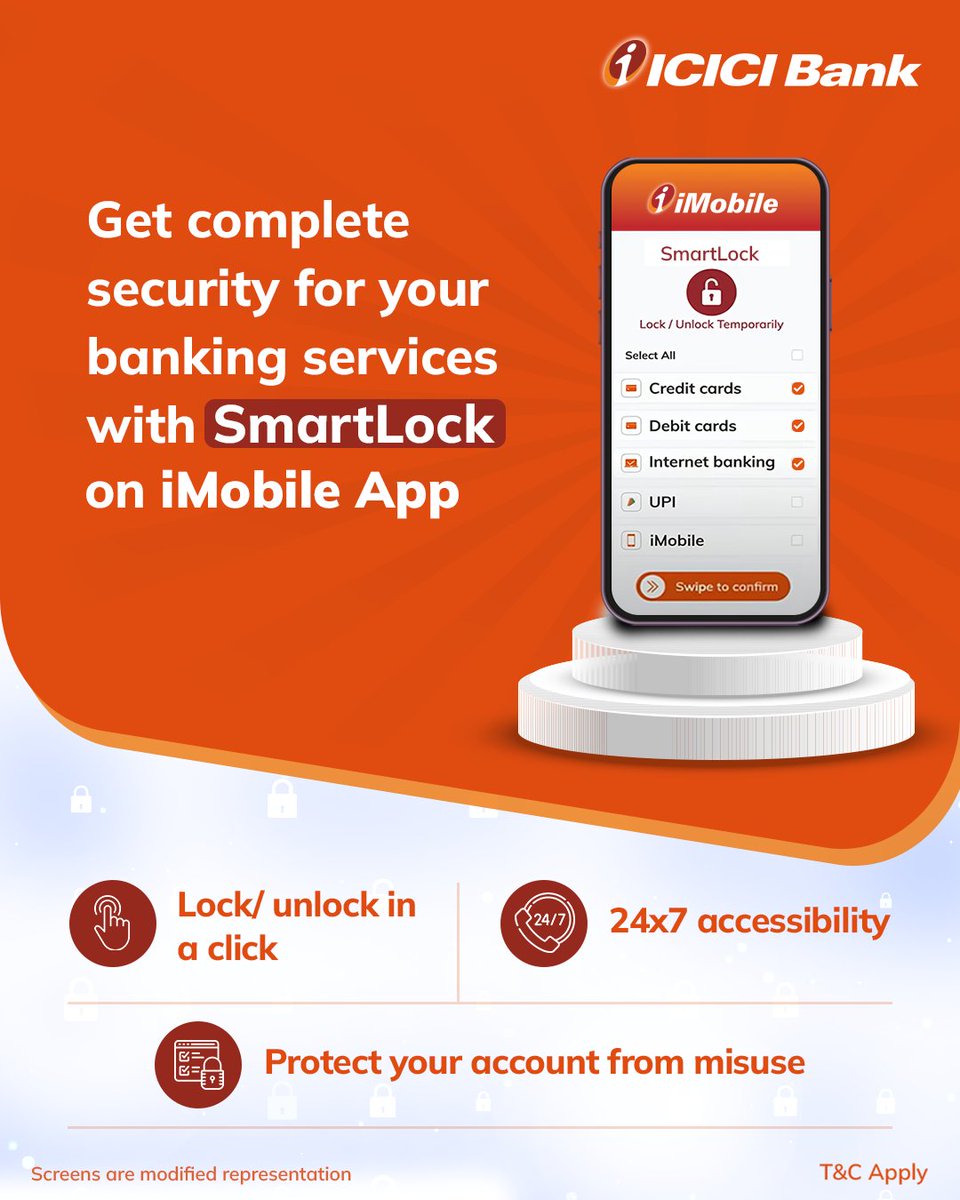 ICICIBank's tweet photo. Secure your banking services instantly with SmartLock on iMobile app.
You can instantly lock or unlock your banking services whenever you choose.
T&C apply. https://t.co/hzNXWRLM2d