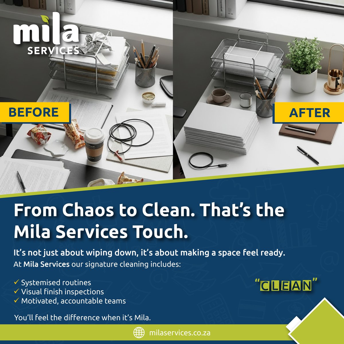 MilaServices_SA's tweet photo. From Chaos to Clean. That’s the Mila Services Touch.

It’s not just about wiping down, it’s about making a space feel ready.

At Mila Services our signature cleaning includes:

- Systemised routines
- Visual finish inspections
- Motivated, accountable teams https://t.co/0BgyL9mMnD