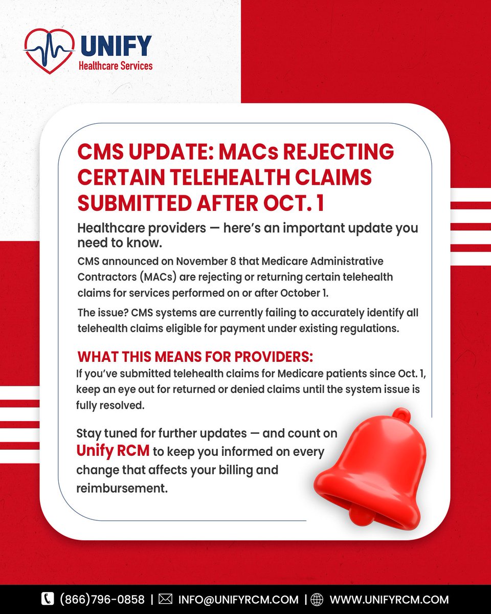 unifyrcm's tweet image. CMS has issued an important update regarding telehealth claims.
Unify Healthcare Services continues to track these developments to help providers navigate billing disruptions and ensure compliance with Medicare’s evolving telehealth regulations.
#HealthcareBilling #MedicalCoding