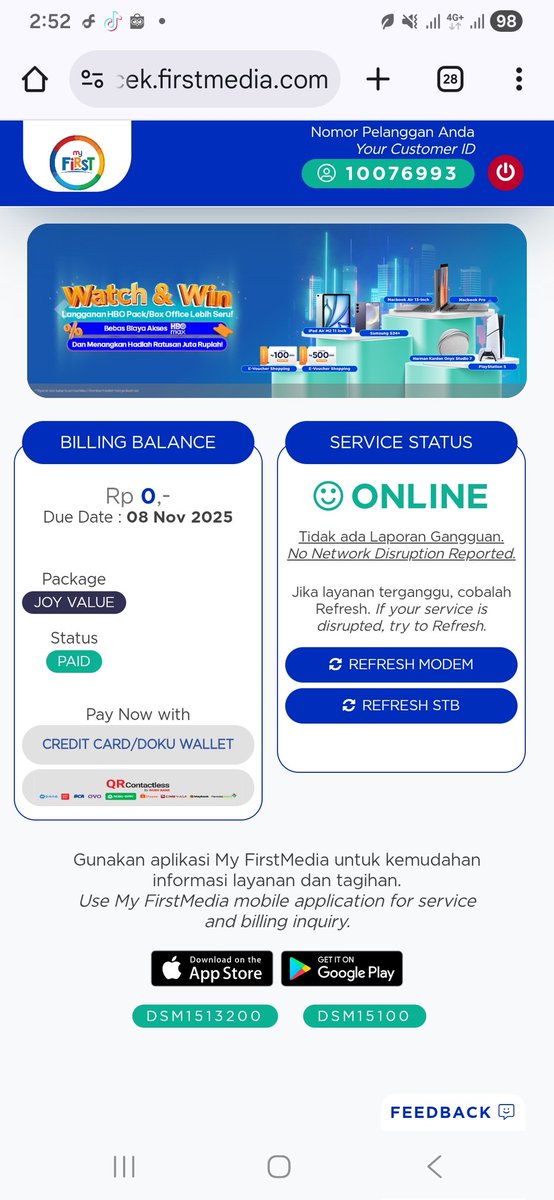 utamio68's tweet photo. Halo @FirstMediaCares ini nomor pelanggan 10076993 service statusnya online tapi internetnya offline ini berapa lama ya bisa online lagi https://t.co/rhORe3be06