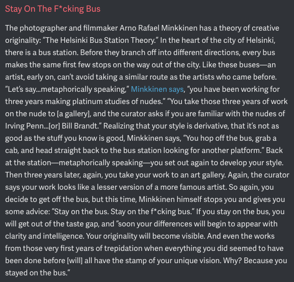 From <a href="/bpoppenheimer/">Billy Oppenheimer</a>'s newsletter (check it out if you haven't). A reminder that early work looks like a derivative, but turns into something original only if treated as a craft / infinite game.