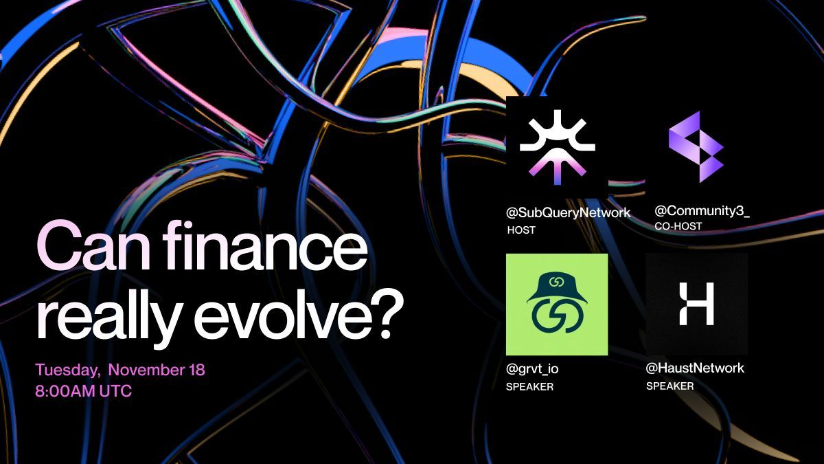 SubQueryNetwork's tweet image. 🎤 Catch us live for an exclusive DeFi roundtable with top industry leaders. Bold ideas, and the future of finance all in one conversation

And not just with anybody! @grvt_io, @Community3_, @HaustNetwork

📅 Tuesday 18 November
⏰ 8:00AM UTC

x.com/i/spaces/1gqxv…