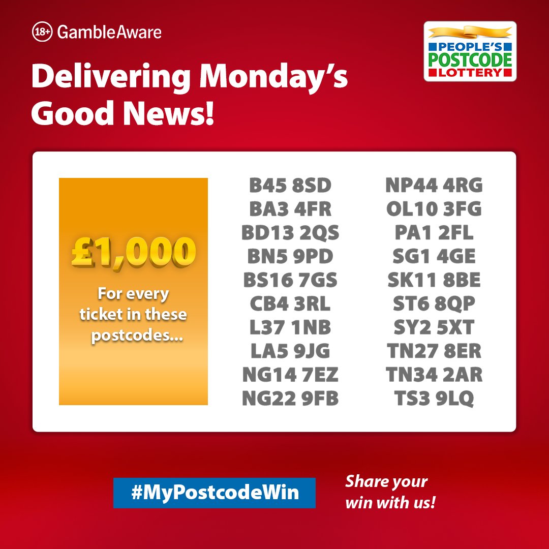 PostcodeLottery's tweet image. Start the week ➡️ bag £1,000 💷 Now that&apos;s how you start the week with a bang.
Congrats to our TWENTY winning postcodes 🎉 #PostcodeLotteryPeople