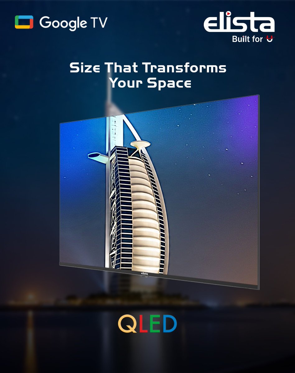 ElistaWorldUAE's tweet image. Experience bold colours, stunning contrast, and smarter viewing with Elista Google TV QLED. Big screen, bigger thrills
#ElistaGoogleTV #QLEDDisplay #SmartEntertainment #DolbyAudio #UltimateViewing #ElistaWorld