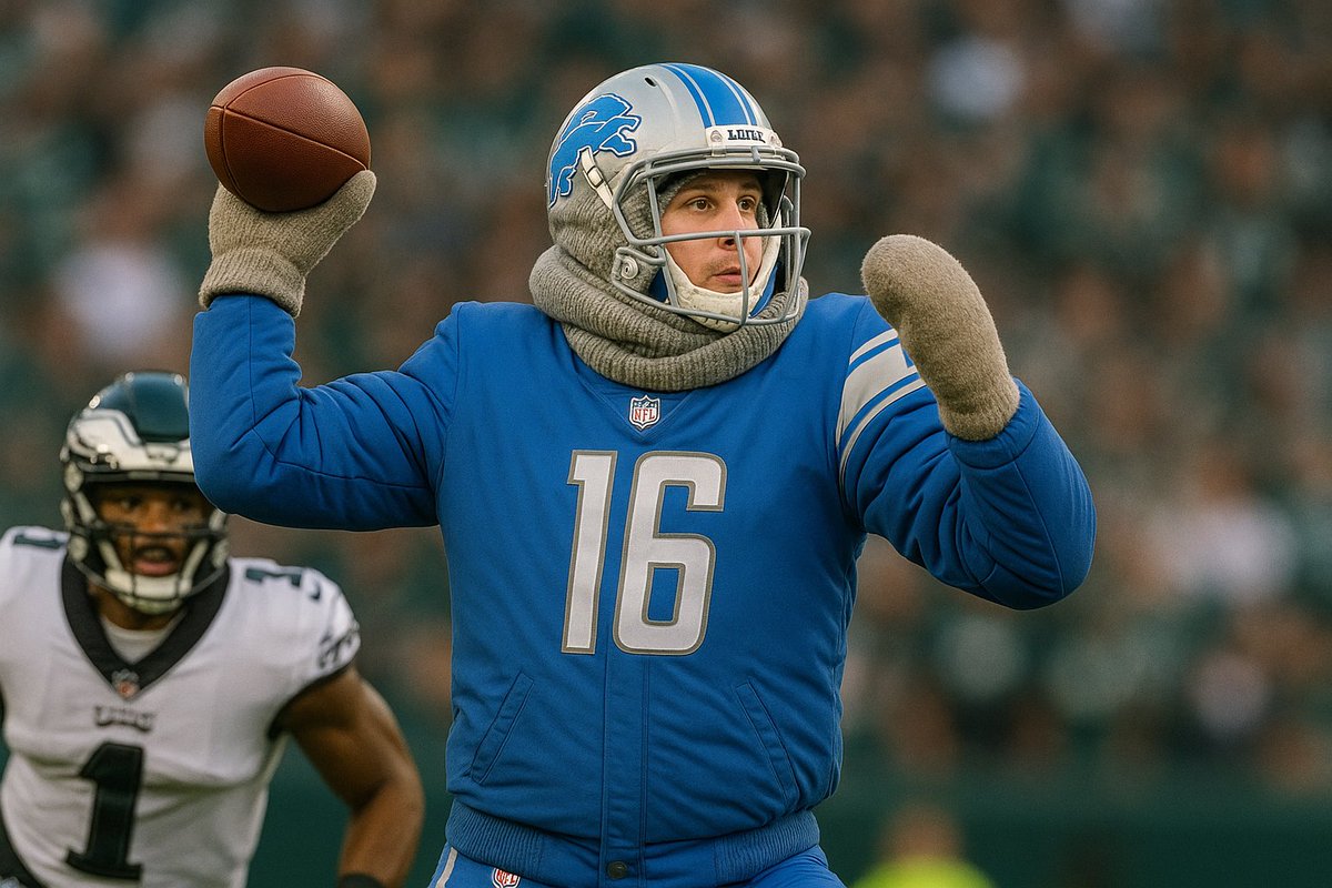 Mandroid559's tweet photo. @Lions Jarrod Goff throwing ducks in Philadelphia tonight.  It was below freezing 42 degrees. 🥶 #detroit #detroitlions #mittens #ducks #snow #passinterference #caliboy #rejected #bricks https://t.co/n2KolmydN7