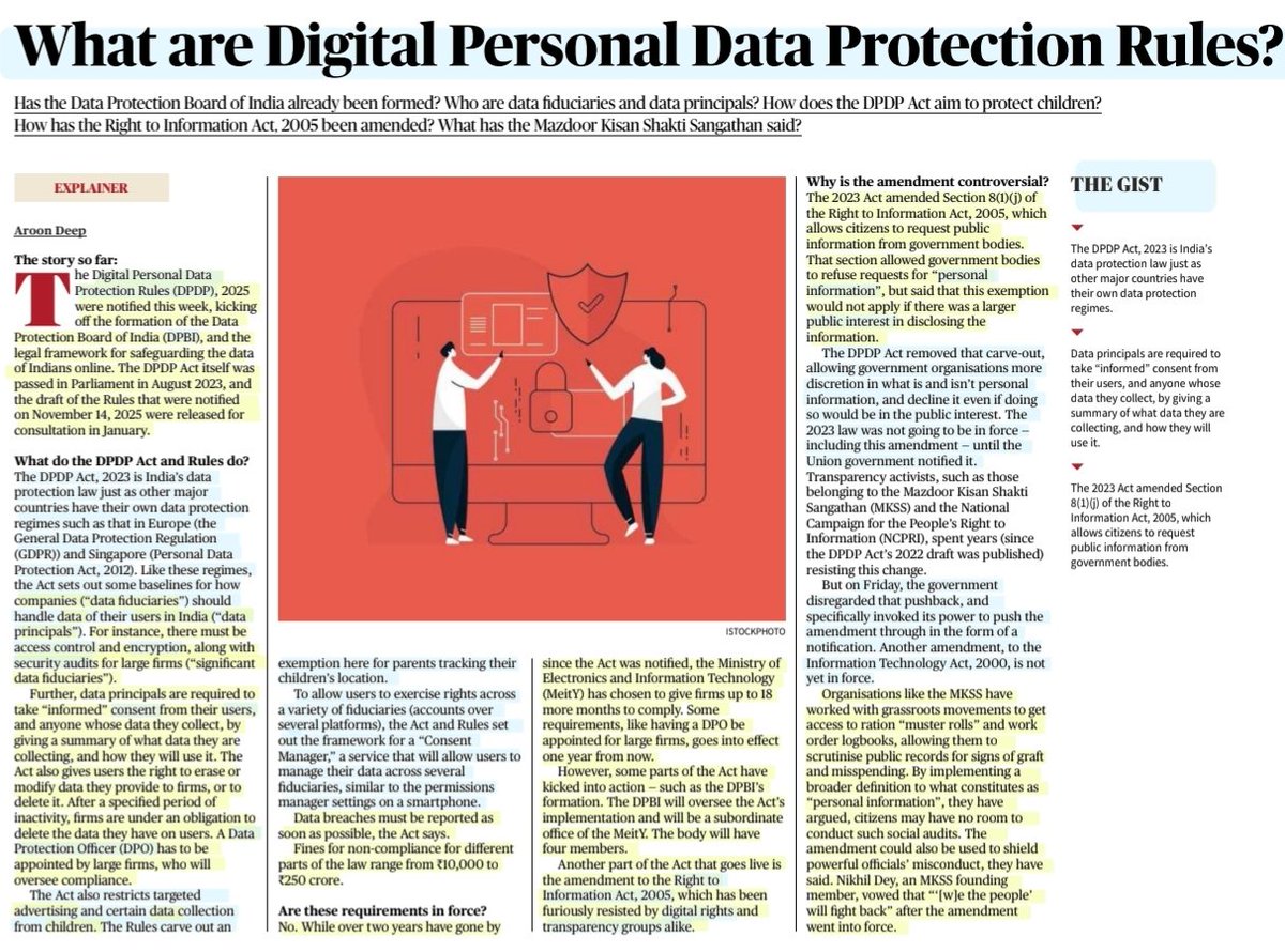 imRavikantYadav's tweet image. What are Digital Personal Data Protection Rules?

:Details by Sh Aroon Deep
@AroonDeep

#Digital #PersonalData #DataProtection #DataSecurity
#DataFiduciary #DataPrincipals
#UserConsent #encryption
#RightToInformation
#PublicInformation #privacy
#Exemption 
#Children
#law

#UPSC