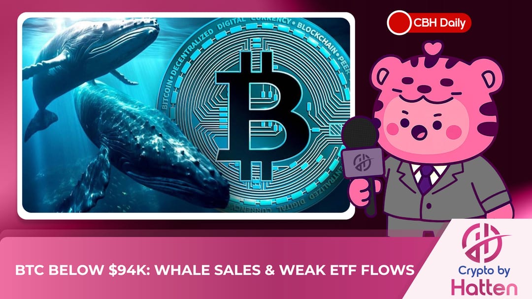 📉 BTC BELOW $94K: WHALE SALES &amp; WEAK ETF FLOWS

Bitcoin briefly hit a year-to-date low of $93K, dropping market cap by $500 billion.

Core Causes:
  ◦ Long-term holders are taking profits.
  ◦ Net outflows from Spot Bitcoin ETFs, combined with macro risk-off sentiment.
  ◦