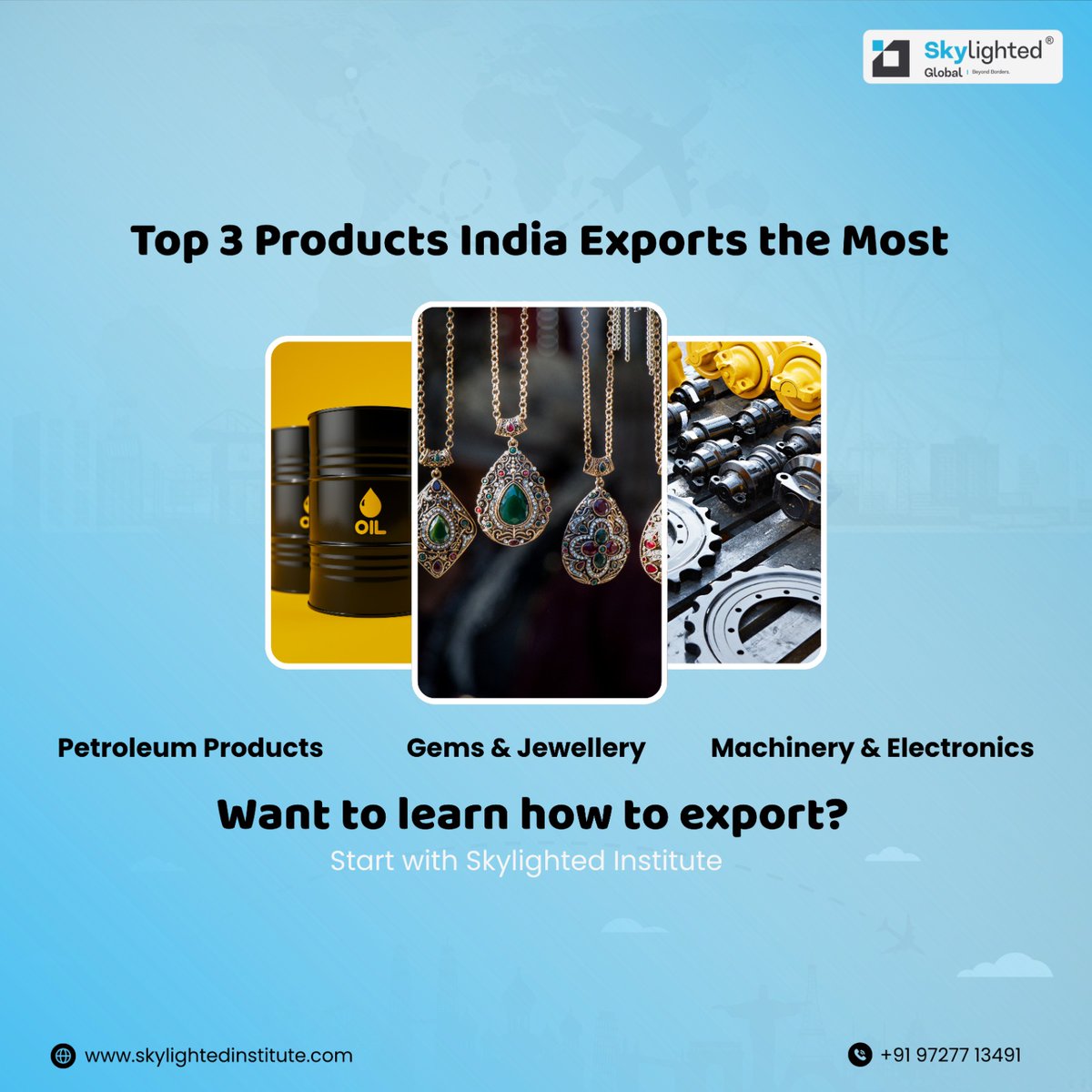 Skylighteglobal's tweet image. 📦 Top 3 Products India Exports the Most 🚢🌍

Petroleum products.
Gems &amp;amp; jewellery.
Machinery &amp;amp; electronics.

#exportbusiness #exportimport #exportindia #indiabusiness #entrepreneurlife #smallbusinessindia #startupindia #globaltrade #internationalbusiness #exporttraining