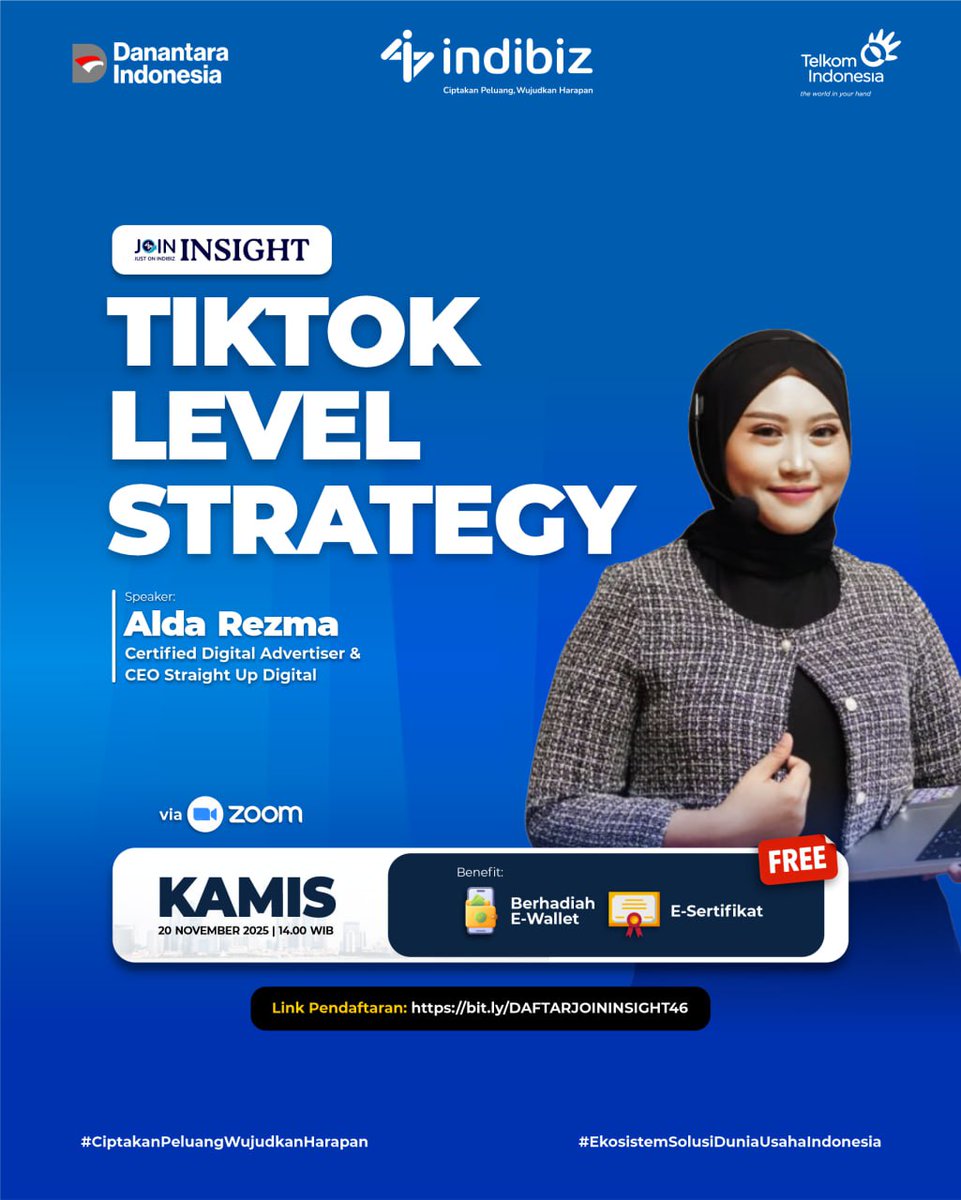 Indibiz_jtdiy's tweet image. JOIN Insight akan bongkar tuntas strategi TikTok Ads yang bikin bisnis makin dikenal dan berkelanjutan. Catat tanggalnya!

🗓 : Kamis, 20 November 2025
⏰ : 14.00
📹 : Zoom Online
Registrasi : bit.ly/DAFTARJOININSI…

Dapatkan E-Sertificate &amp;amp; Saldo LinkAja buat kamu!

#Indibizjtd