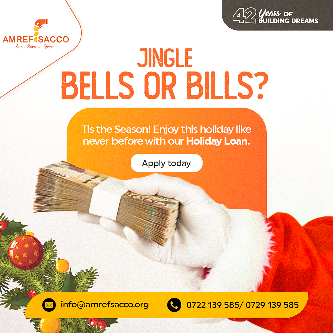 Make it merry with Holiday Loan cash in hand, festive vibes on! Apply today.

#AmrefSacco #HolidayLoan #42YearsOfBuildingDreams #TisTheSeason #FestiveSeason