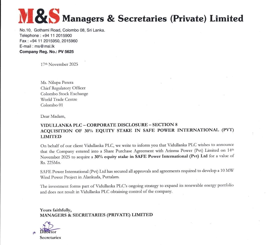 jawfer_ishaq's tweet image. Corporate Disclosure: Vidullanka PLC Announces Acquisition of 30% Stake in SAFE Power International (Pvt) Ltd #vll #cse