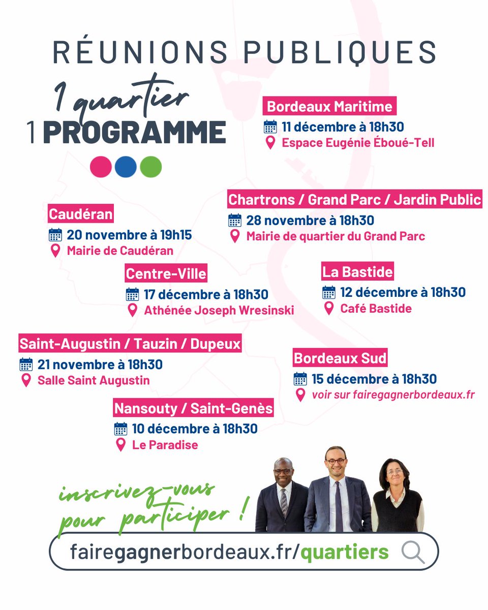 📣 <a href="/T_Cazenave/">Thomas Cazenave</a> vous donne rendez-vous dans votre quartier !

📅 Du 20/11 au 17/12, participez aux réunions publiques « 1 quartier, 1 programme ».

💬 Venez échanger, partager vos idées et construire un nouvel élan pour faire gagner #Bordeaux.

👉 fairegagnerbordeaux.fr/quartiers