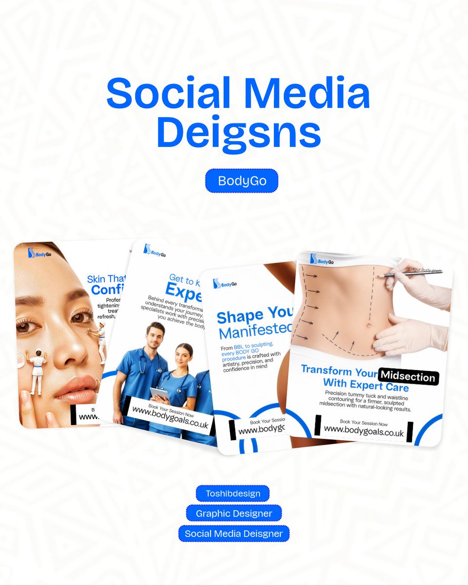 ToshibWorld's tweet image. Social media designs for BodyGo, a high-end aesthetics clinic focused on advanced cosmetic and non-surgical treatments.  

Clean, premium, and on-brand - how did I do? 👀  
Hire me for your next design project.