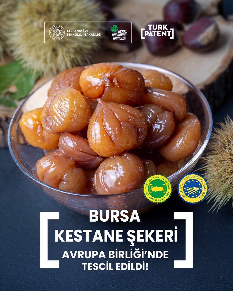 TURKPATENT's tweet photo. ✅ İpsala Pirinci
✅ Bursa Kestane Şekeri
coğrafi işaretlerimiz Avrupa Birliği’nde tescillendi.
 
Ülkemizin Avrupa Birliği nezdinde tescilli coğrafi işaret sayısı 4️⃣2️⃣ ’ye ulaştı. 🇹🇷 🇪🇺 

Coğrafi işaretlerimizi uluslararası arenaya taşımaya devam ediyoruz. 

📍 #YerelKalkınmaHamlesi 🇹🇷 

📌 Avrupa Birliği’nde tescilli coğrafi işaretli ürünlerimiz 👇🏼
1.Gaziantep Baklavası
2.Aydın İnciri
3.Malatya Kayısısı
4.Aydın Kestanesi
5.Milas Zeytinyağı
6.Bayramiç Beyazı
7.Taşköprü Sarımsağı
8.Giresun Tombul Fındığı
9.Antakya Künefesi
10. Suruç Narı
11.Çağlayancerit Cevizi
12.Gemlik Zeytini
13.Edremit Zeytinyağı
14.Milas Yağlı Zeytini
15.Ayaş Domatesi
16.Maraş Tarhanası
17.Edremit Körfezi Yeşil Çizik Zeytini
18.Ezine Peyniri
19.Safranbolu Safranı
20.Aydın Memecik Zeytinyağı
21.Araban Sarımsağı
22.Osmaniye Yer Fıstığı
https://t.co/46Ffamoqfaöl Balı
24.Bursa Şeftalisi
25.Hüyük Çileği
26.Bursa Siyah İnciri
27.Söke Pamuğu
28.Manisa Mesir Macunu
29.Gaziantep Menengiç Kahvesi
30.Silifke Yoğurdu
31.Aydın Memecik Zeytini
32.Erzincan Tulum Peyniri
33.Aydın Çam Fıstığı
34.Afyon Pastırması
35.Afyon Sucuğu
36.Antep Fıstık Ezmesi
37.Mut Zeytinyağı
38.Kırkağaç Kavunu
39.Hatay Kaytaz Böreği
40.Gaziantep Lahmacunu
41.İpsala Pirinci
42.Bursa Kestane Şekeri 

@TCSanayi