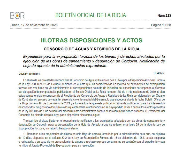 💧BOR:  17/1172025. 
Expediente para la expropiación forzosa de los bienes y derechos afectados por la ejecución de las obras de #saneamiento y #depuración de #Cordovín. Notificación de hoja de aprecio de la administración expropiante
👉ias1.larioja.org/boletin/Bor_Bo…