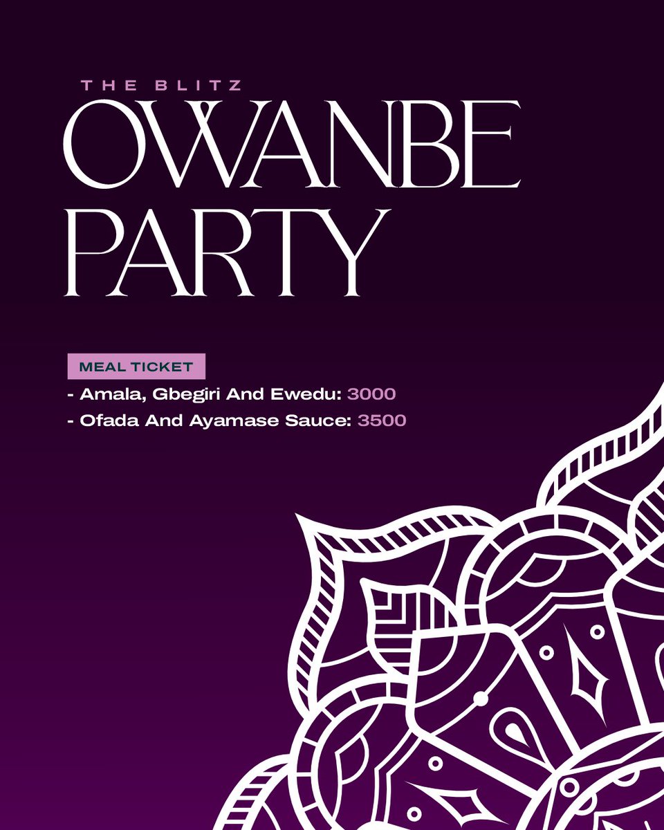 You’re invited to The Blitz Owambe, to celebrate 4 years of vibes, culture, and community!

Date: November 27
Venue: Grand Serene Hotel, Iyaganku GRA

Theme: Owambe Style
Colors: White • Blue • Orange • Green

Time: 6PM
Free Entry till 6:30PM | 3K After

#owanbe #owambeparty