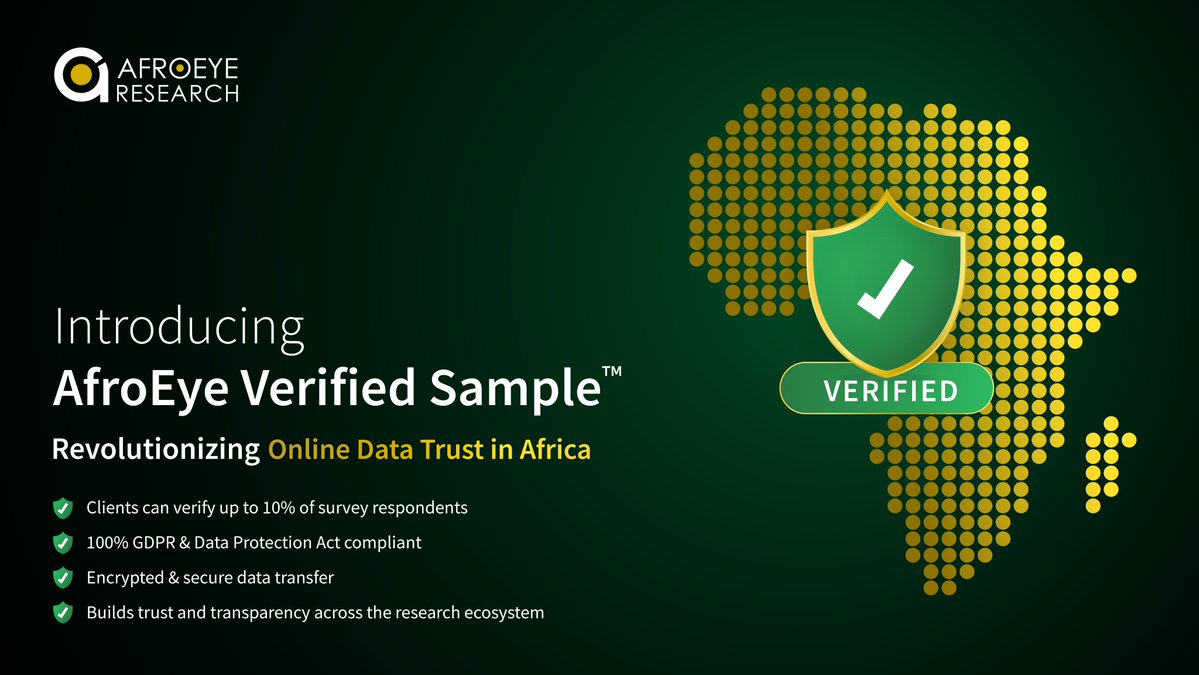 WhittikerMange's tweet image. Introducing AfroEye Verified Sample™ — Africa’s next step toward data trust &amp;amp; transparency 🔍✨

✔ Verify 10% of respondents
✔ 100% GDPR compliant
✔ Secure. Transparent. Reliable.
#AfroEyeResearch #VerifiedSample #DataTrust #AfricaInsights