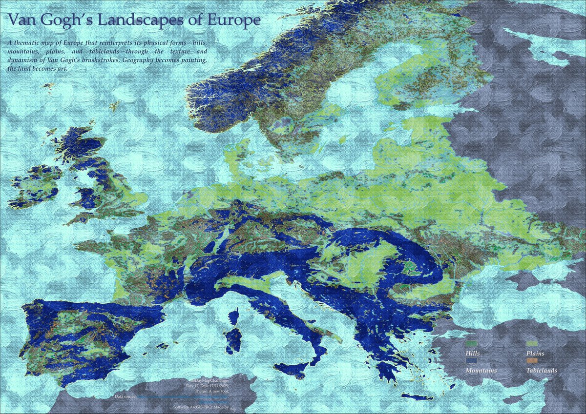 RoccoAlessio18's tweet image. Day 17 - A new tool
Inspired by @johnmnelson ’s work, I experimented with a technique to recreate a map of Europe’s landscapes in a Van Gogh–style using ArcGIS Pro. #30DayMapChallenge  #day17 #ANewTool #cartography  #arcgispro #ArtInspiredMaps #mapart