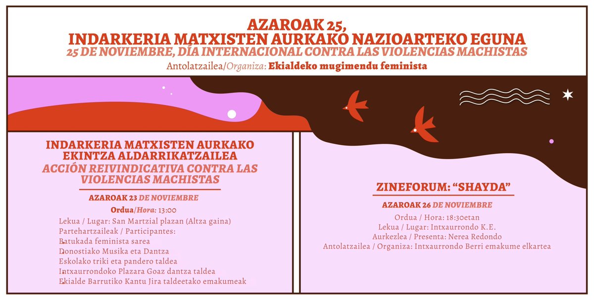 🟣#A25: Indarkeria Matxisten Aurkako Nazioarteko Eguna

➜Ekialdeko Barrutiko Berdintasun Lantaldeak zenbait jarduera antolatu ditu: 

🗓️Azaroak 23-Indarkeria matxisten aurkako ekintza aldarrikatzailea Altzan.

🗓️Azaroak 26-Zineforuma Intxaurrondon: 'Shayda'.

<a href="/DonostiakoUdala/">Donostiako Udala</a>