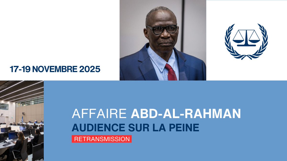📺Affaire #AbdAlRahman : À suivre à partir d’aujourd’hui à 10h00 (HNEC) ➡️ icc-cpi.int/fr/streaming-a…
Les juges #CPI entendront les observations des parties &amp; participants, &amp; preuves potentielles, sur la possible peine. La décision relative à la peine sera rendue ultérieurement.