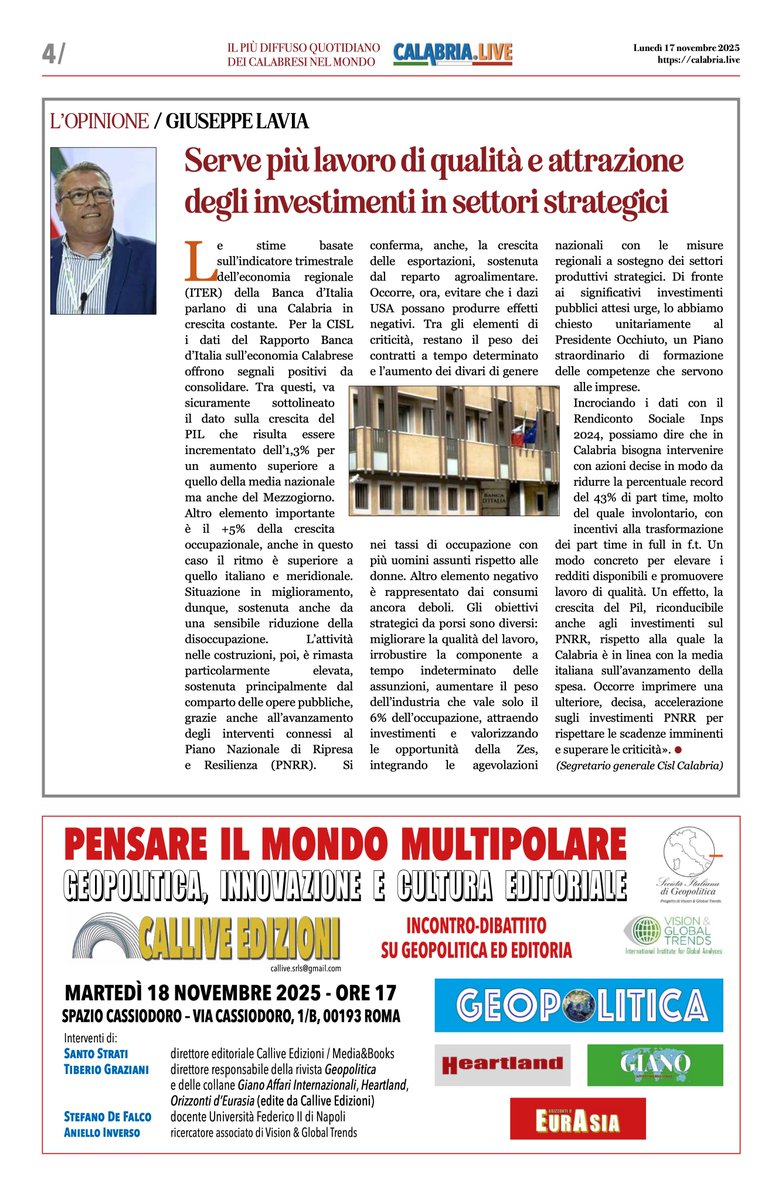 CISLCalabria's tweet photo. Rapporto Banca d’Italia sull’economia Calabrese, le considerazioni del Segretario Generale Giuseppe Lavia su #CalabriaLive e #QuotidianodelSud. https://t.co/xPiUpCkBoM