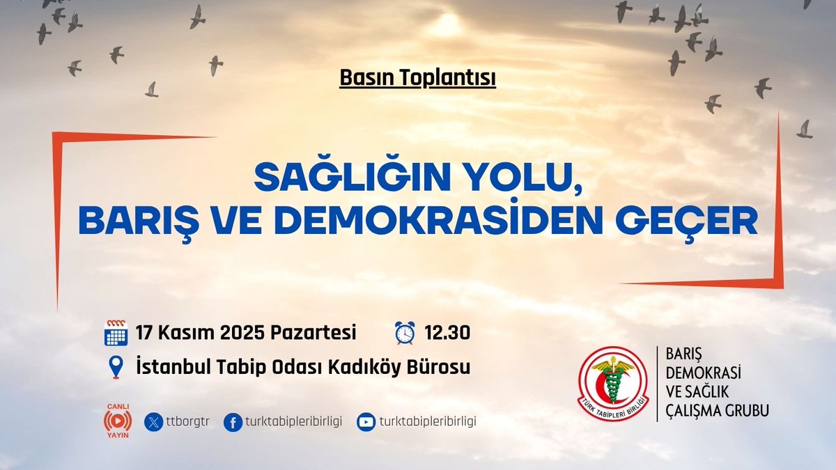 📢 Basın Toplantısı

Sağlığın Yolu, Barış ve Demokrasiden Geçer

🗓 17 Kasım 2025 Pazartesi
⏰ 12.30
📍 İstanbul Tabip Odası Kadıköy Bürosu
📽 TTB Sosyal Medya Kanallarından Canlı
