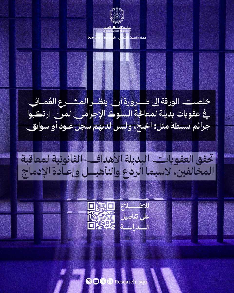 هل يمكن أن تكون العقوبات البديلة في حق المذنبين بديلا واقعيا للسجن؟

دراسة أجراها أستاذ من كلية الحقوق في #جامعة_السلطان_قابوس
توضح الإجابة

squ.elsevierpure.com/en/activities/…

<a href="/clawsqu/">كلية الحقوق</a> 

#نبحث_للغد
#GlobalGoals
#IndustryInnovation
#ResponsibleConsumption