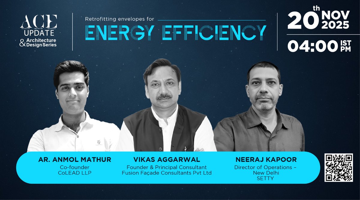 aceupdatemag's tweet image. Join our exclusive zoom session on &quot;Retrofitting envelopes for Energy Efficiency&quot; on building envelopes.

Register now: lnkd.in/dPCyKDgH

Speakers:
Ar. Anmol Mathur
Vikas Aggrawal
Neeraj Kapoor

Date &amp;amp; Time: Today, 20th November 2025, 4.00 to 5.30 PM IST

#ACEUpdate